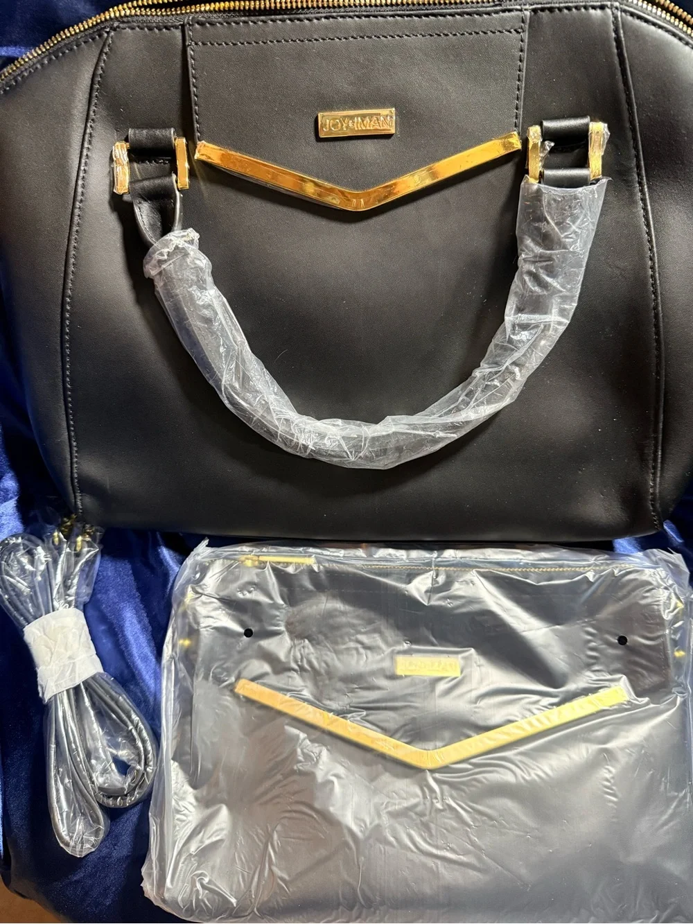 Joy Mangano Black Satchel with Gold Hardware and Matching Pouch